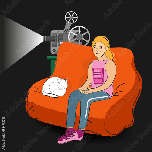 The girl sits on a soft cozy couch and watches a movie broadcast by a vintage film projector. Nearby sits a white cat. Vector illustration