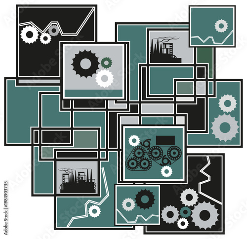 Stylized image of the production process. Panel with industrial elements in a blue color palette. Vector illustration