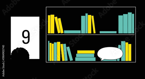 Bookshelf with speech bubble and number 9, education concept
