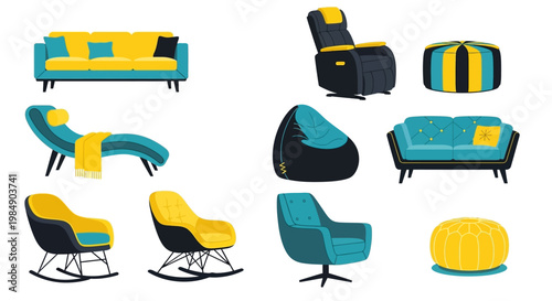 Modern Furniture Collection: Sofas, Chairs, Beanbags in Blue and Yellow