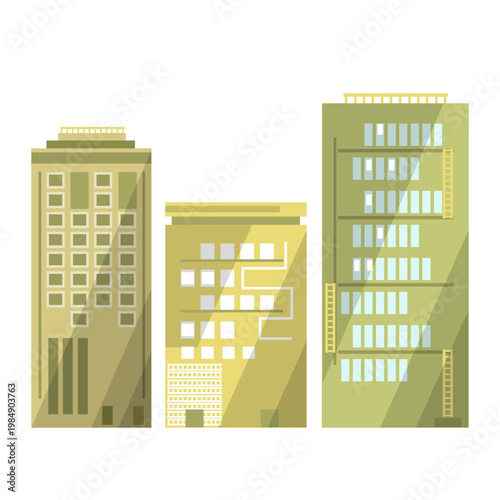 Three different high-rise buildings. Stylized images. Flet. Vector set