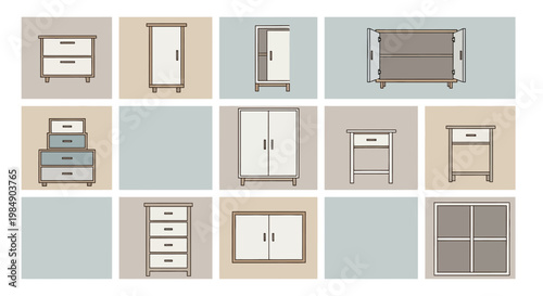 Collection of modern furniture icons: dressers, wardrobes, cabinets, nightstands