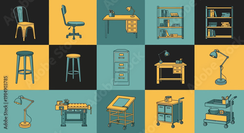 Vintage Office and Workshop Furniture Collage: Desks, Chairs, Shelves, Lamps