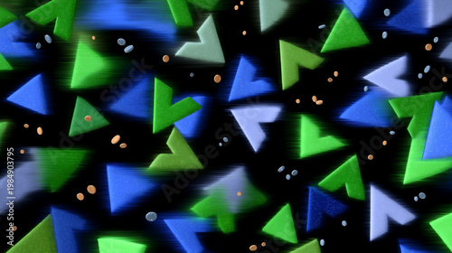 Abstract geometric pattern featuring colorful triangles in green, blue, and black background, creating a dynamic visual texture suitable for modern design applications