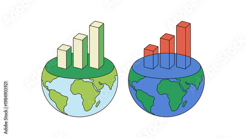 A pair of illustrated globes with bar graphs, one showing rising green bars and the other falling red bars.