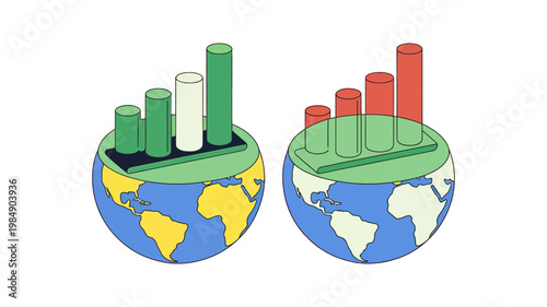 Two stylized globes show upward and downward trending bar graphs representing global economic growth and decline.