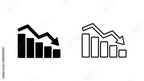 Black and white outlined icons show a descending bar chart with a downward trending arrow indicating a financial crisis.