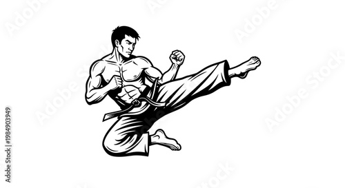 Martial artist performing a dynamic side kick in a black and white illustration.