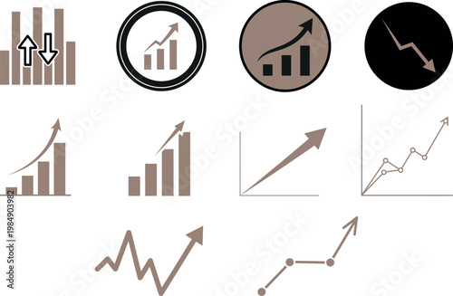 Set of growing and falling financial and business charts icons on a transparent background