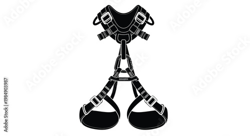 Black and white illustration of a climbing safety harness with adjustable straps