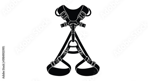Black and white illustration of a climbing safety harness hanging