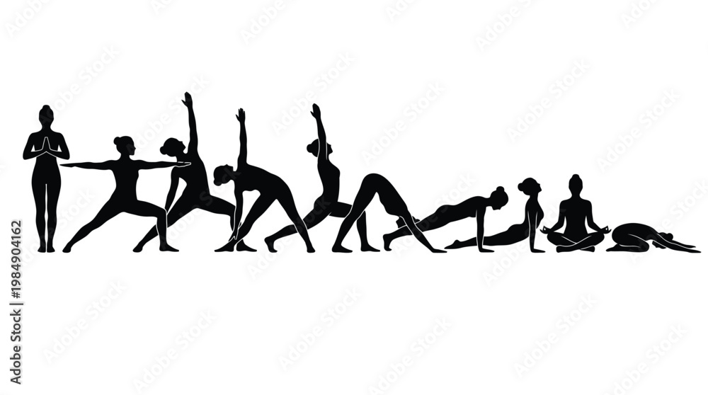 Obraz premium Sequence of yoga poses showing sun salutation and stretching routines for flexibility.