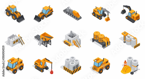 Collection of isometric construction vehicles and equipment.