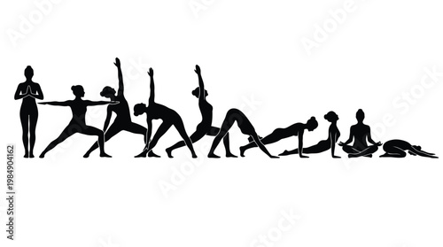 Sequence of yoga poses showing sun salutation and stretching routines for flexibility.