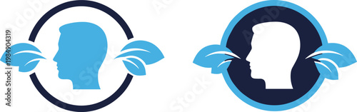 Natural Breath and Fresh Air Icon Set Featuring Human Profile Silhouette with Green Leaves for Oral Hygiene Wellness and Environmental Health Designs
