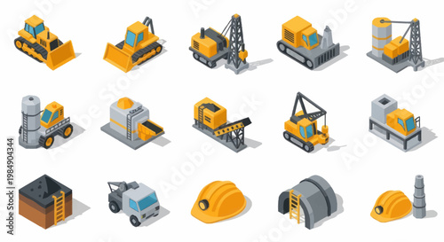 Collection of Isometric Construction and Mining Equipment Icons.