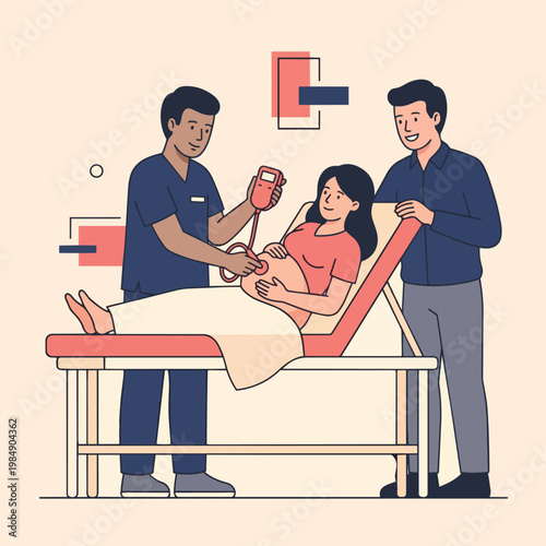 Pregnant Woman Undergoes Medical Examination With Partner And Doctor