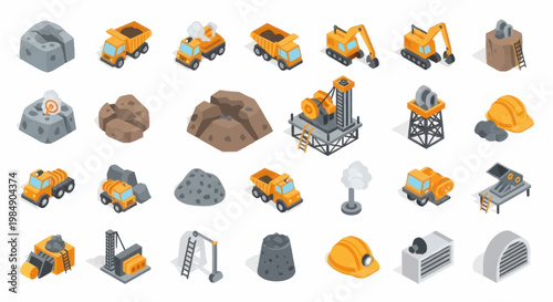 Collection of Mining Industry Equipment and Materials Isometric Icons.