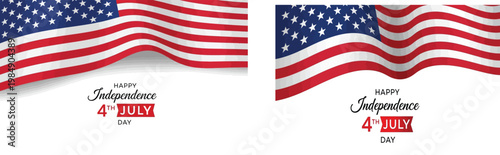 Two waving american flags displayed side by side with patriotic text and branding