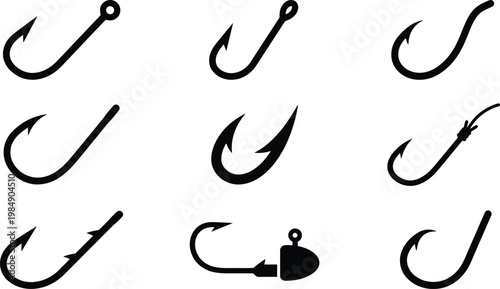 Eine Sammlung von neun verschiedenen schwarzen Silhouetten von Angelhaken auf weißem Hintergrund, die verschiedene Formen und Größen zeigen.