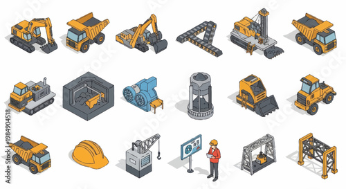 Construction heavy machinery and equipment isometric icons set.