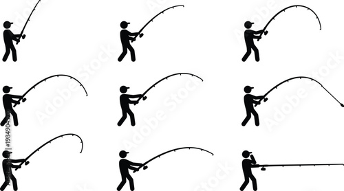 Neun Silhouetten eines Anglers, der eine Angelrute in verschiedenen Phasen des Fischens hält und biegt.