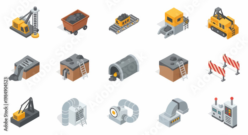 Isometric Industrial Construction and Mining Equipment Icons Set.