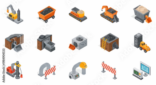 Construction Equipment and Tools Isometric Icons Set.