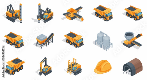 Collection of Isometric Construction and Mining Vehicles and Equipment.