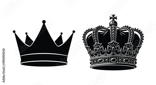 Two ornate crowns depicted in black ideal for design on transparent background silhouette