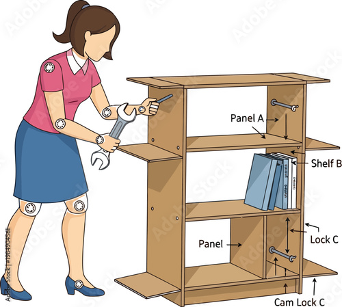 Woman assembling a flat-pack bookshelf using tools and instructions.