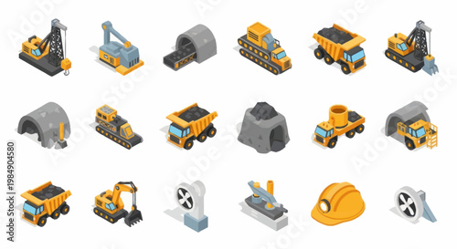 Collection of isometric industrial mining vehicles and equipment.