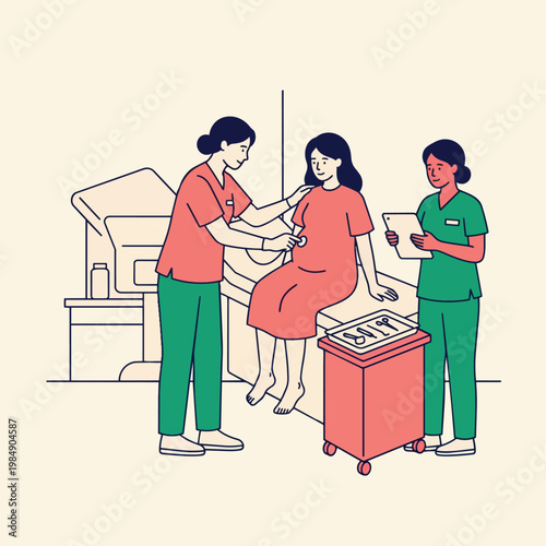 Pregnant Woman Undergoing Medical Examination With Two Nurses