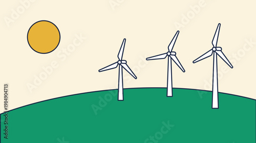 Wind Turbines on Rolling Green Hill Under Sunny Sky