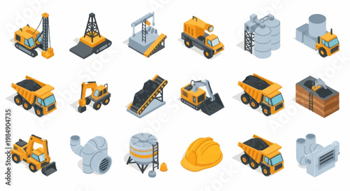 Collection of Industrial Construction and Mining Equipment Icons.