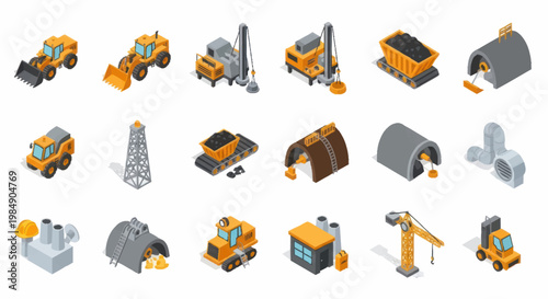 Collection of isometric industrial mining and construction equipment icons.