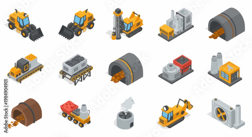 Isometric industrial construction and mining equipment icons.