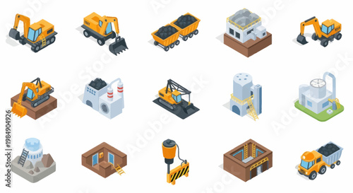 Collection of isometric industrial construction and mining equipment icons.
