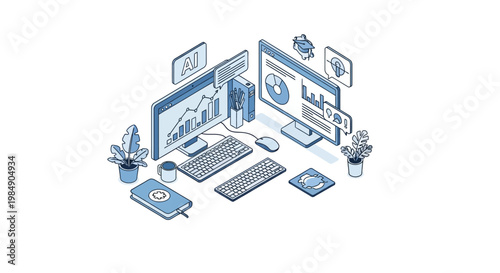 Artificial Intelligence and Data Analytics Isometric Workspace Illustration with Business, Healthcare, and Education Icons