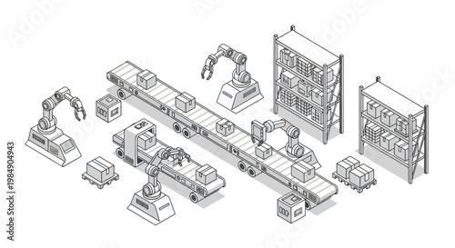 Isometric Automated Smart Warehouse and Factory Production Line with Robotic Arms and Conveyor Belts Vector Illustration