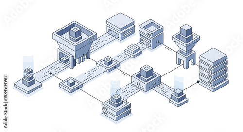 Isometric Data Processing Pipeline and Workflow Automation System Architecture Illustration