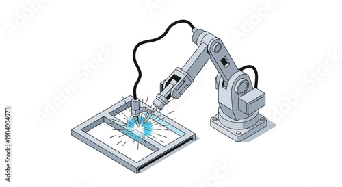 Isometric Robotic Arm Welding Metal Frame Illustration; Industrial Automation and Smart Factory Technology Concept on White Background