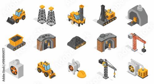 Industrial Mining Equipment and Structures Isometric Icons.