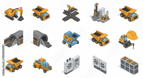 Collection of Isometric Construction and Mining Vehicles and Equipment.