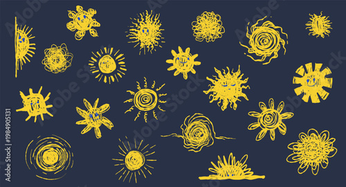 Whimsical sun doodle set in crayon and chalk style