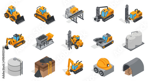 Collection of isometric construction and mining vehicles and equipment.