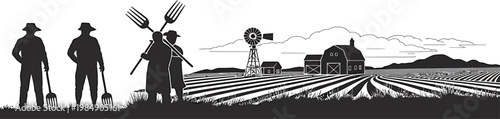 A black and white illustration showing farmers standing in a field with a barn and a windmill