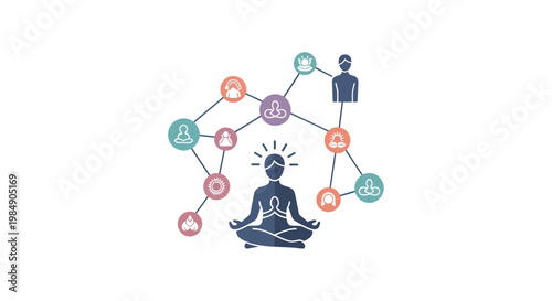 Person meditating with connections to other people and ideas.