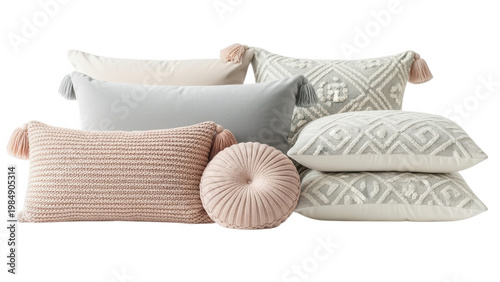 Assorted cozy knit and woven throw pillows in neutral tones isolated on transparent background