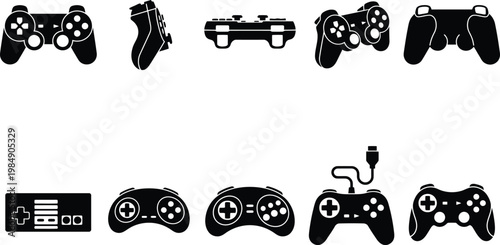 Detaillierte Sammlung von Videospiel-Controllern in verschiedenen Formen und Designs als schwarze Silhouetten.